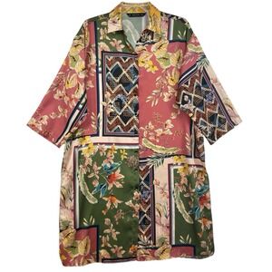 Zara Silk Scarf Print Shirt Dress M Floral Multicolor Side Slits Resort Beach
